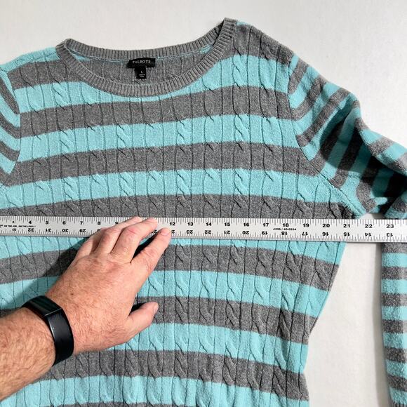 Talbots Crew Neck Sweater Woman's L 30% Lambswool Cable Knit Teal Grey Stripe - Picture 7 of 10
